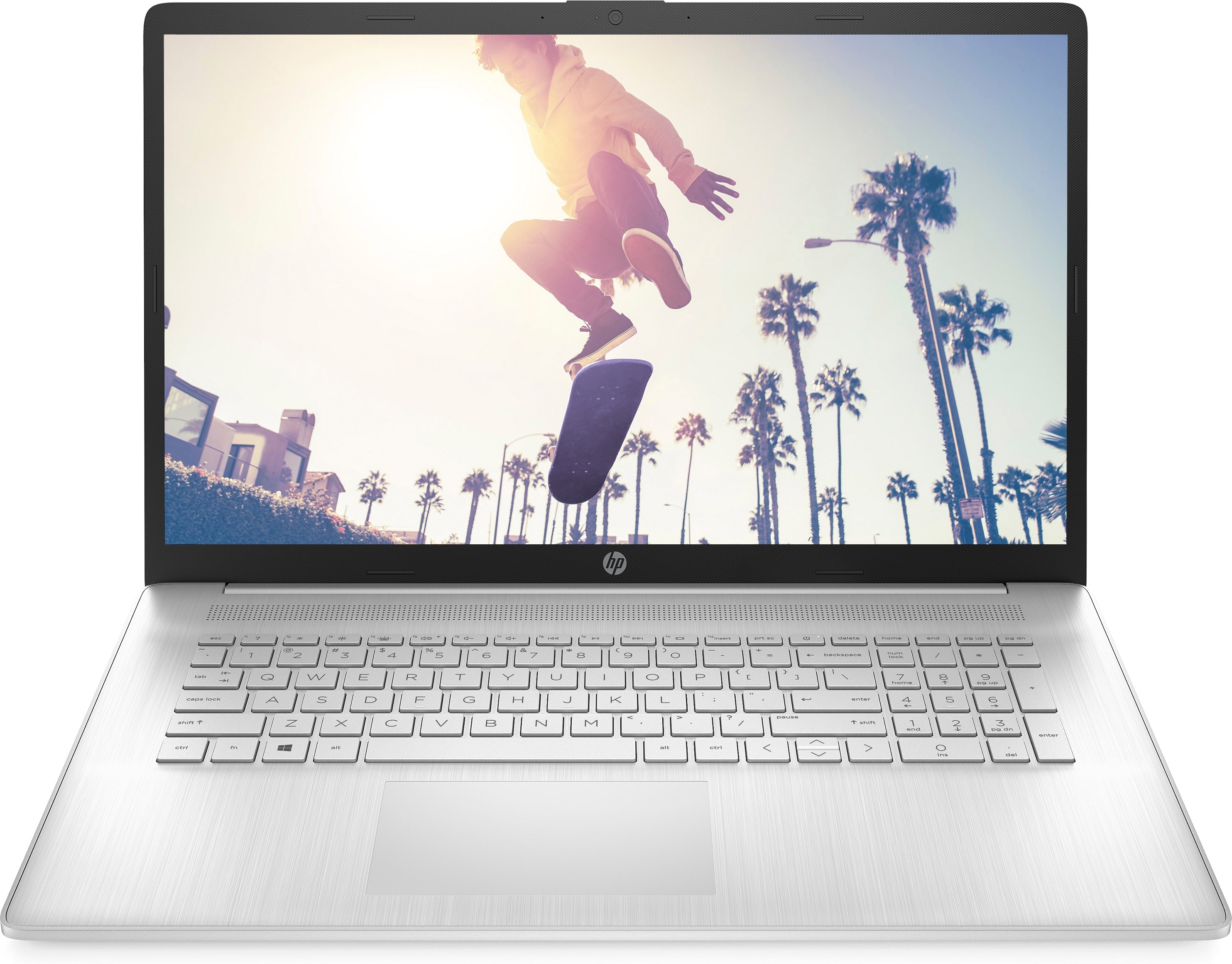 Zilvere HP laptop met een skater op het scherm