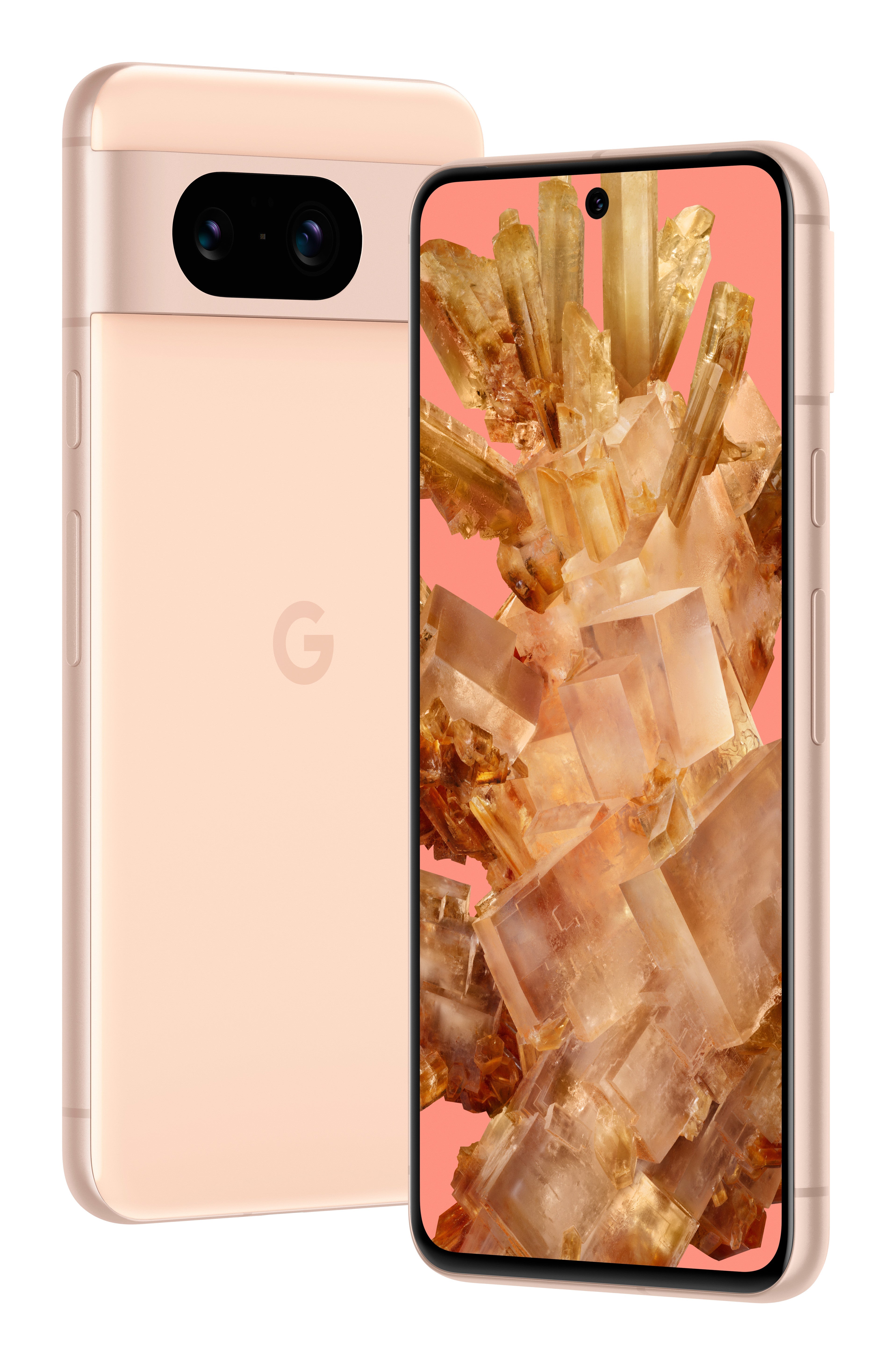 Roze Google Pixel 8 smartphones voorkant en achterkant
