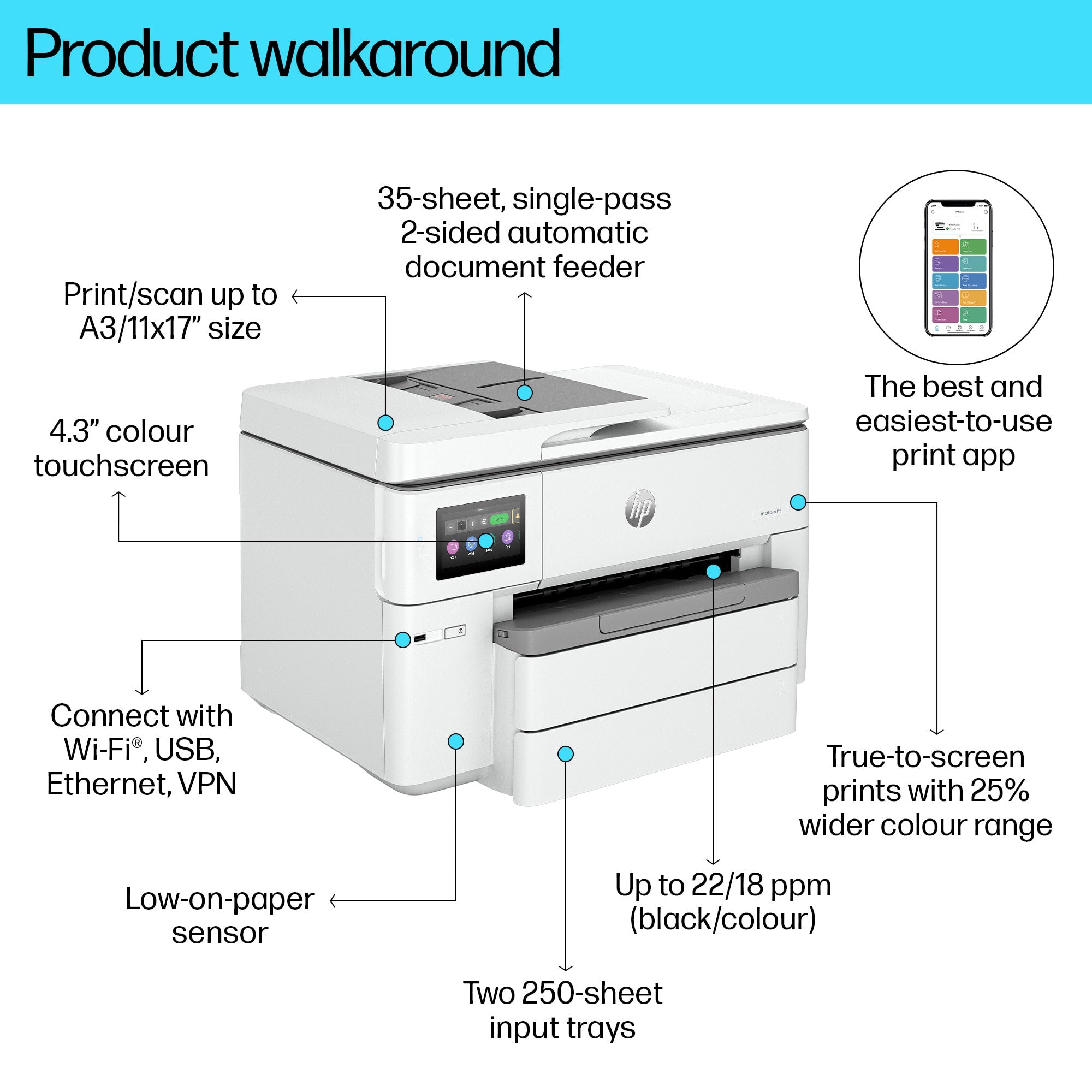 HP OfficeJet Pro 9730e Draadloos All-in-One Kleur Printer, Instant Ink; Dubbelzijdig printen