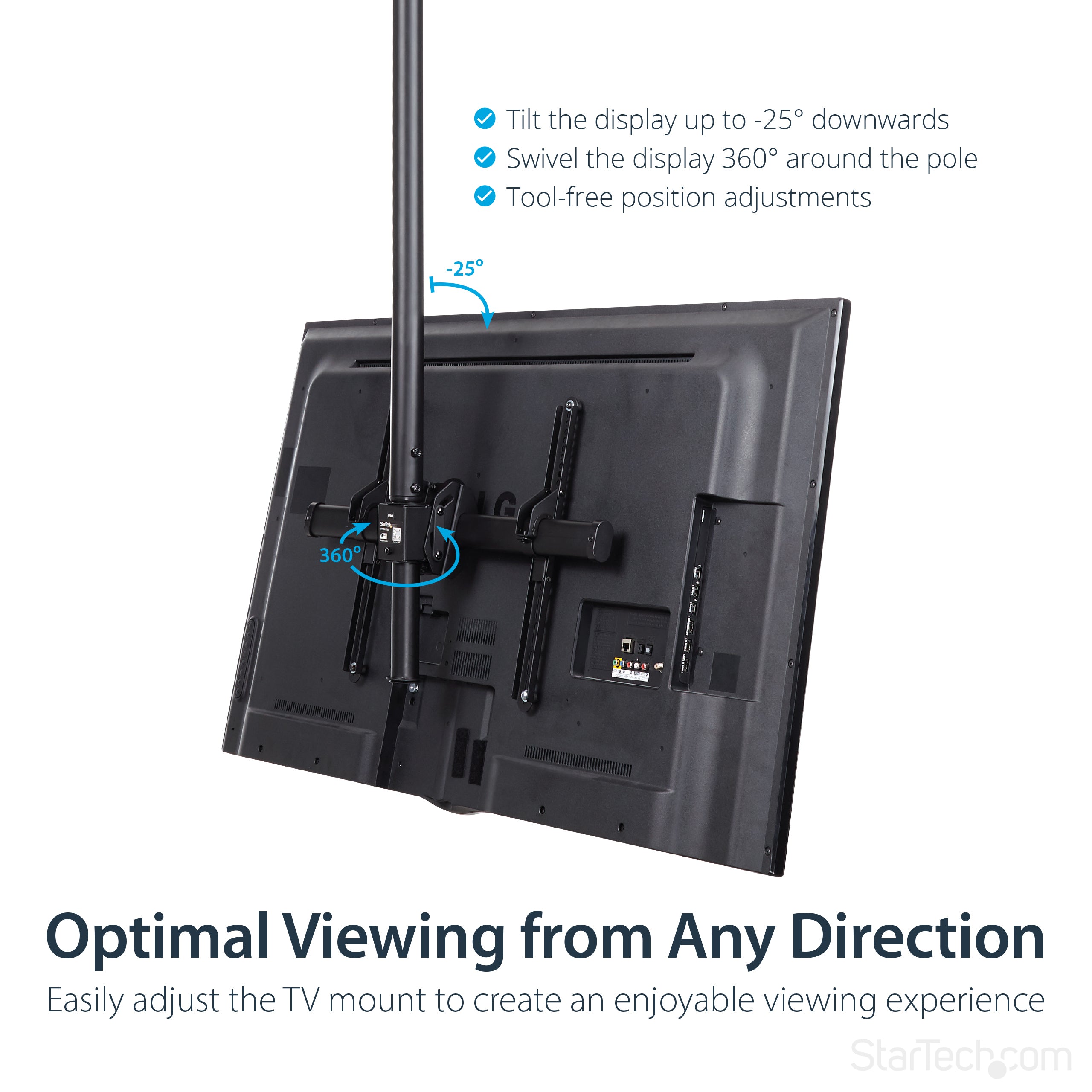 StarTech.com TV-Deckenhalterung - Vollbewegliche, Universelle, Hängende Einzelbildschirmhalterung mit Langem, Verstellbarem Teleskopmast - Neigbar/Schwenkbar - VESA-Halterung für 32"-75" Bildschirme