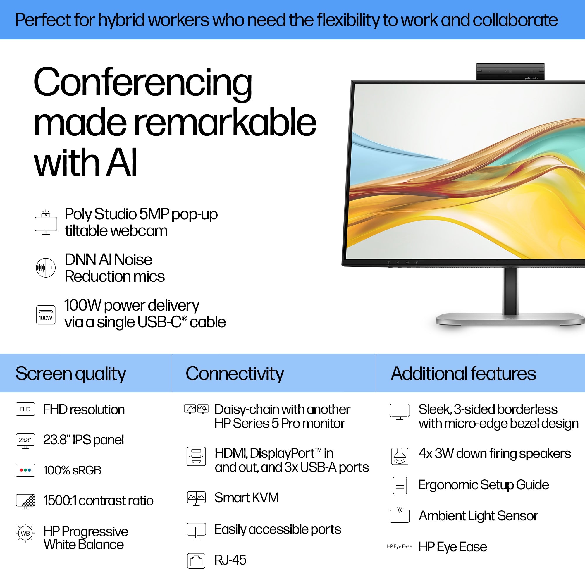 HP Series 5 Pro Serie 5 Pro 23,8 inch FHD USB-C Conferencing Monitor - 524pm