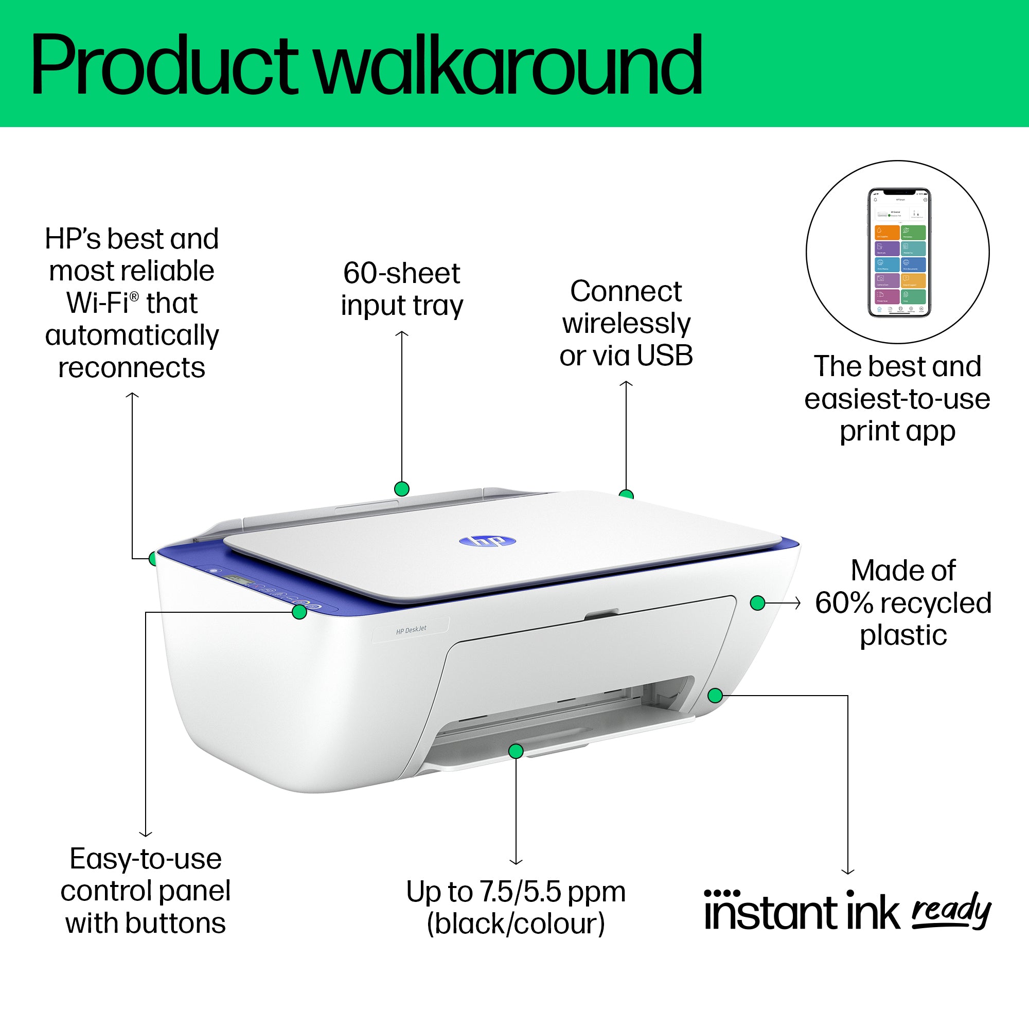 HP DeskJet 2821e Wireless All-in-One Color Printer, Instant Ink; Copier, Scanner 588Q2B#629