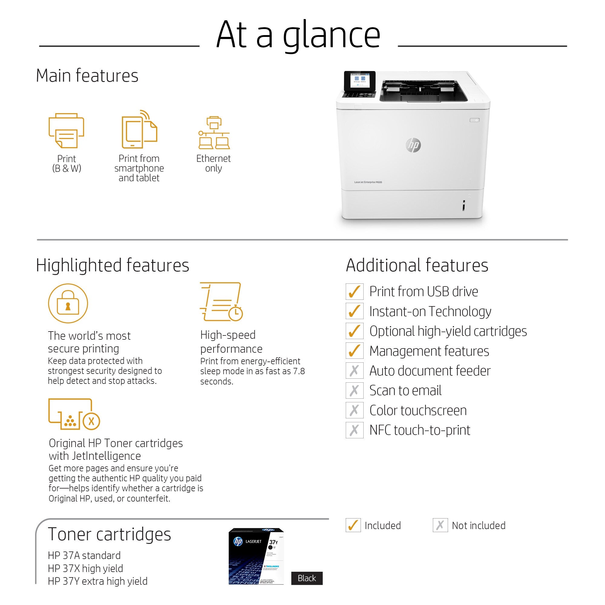 HP LaserJet Enterprise M608n, Zwart-wit, Printer voor Bedrijf, Print, Draadloos; Geheugenkaartslot; Optioneel nieten; JetIntelligence-cartridge