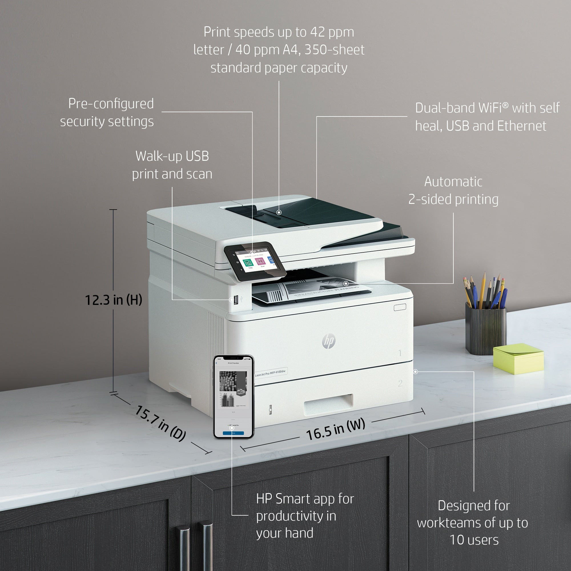HP LaserJet Pro 4002dw Drucker, Schwarzweiß, Drucker für Kleine und mittlere Unternehmen, Drucken, Beidseitiger Druck; schnelle Ausgabe der ersten Seite; kompakte Größe; Energieeffizienz; hohe Sicherheit; Dual-Band Wi-Fi