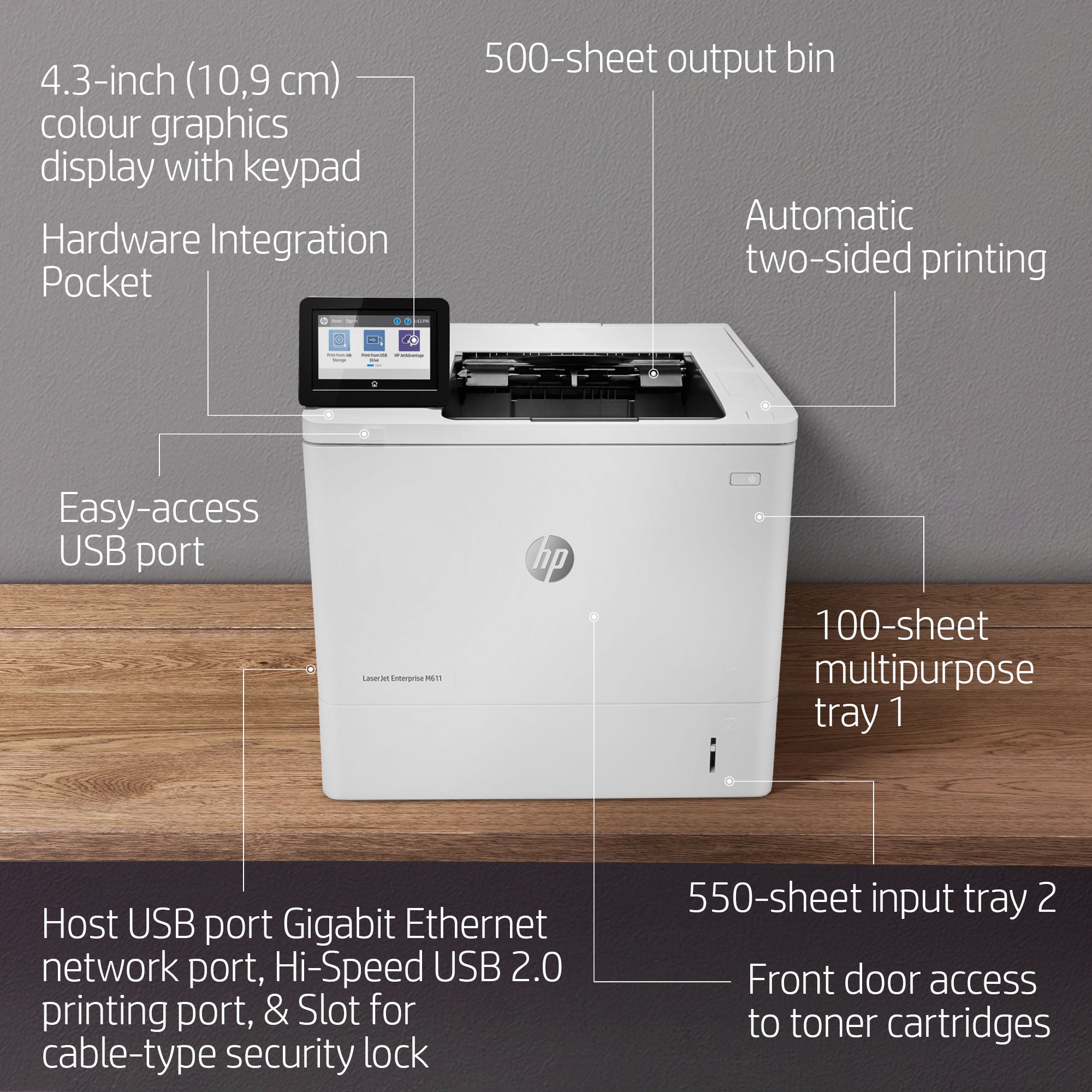 HP LaserJet Enterprise M611dn Schwarzweiß Drucker, Nur Ethernet; Duplex