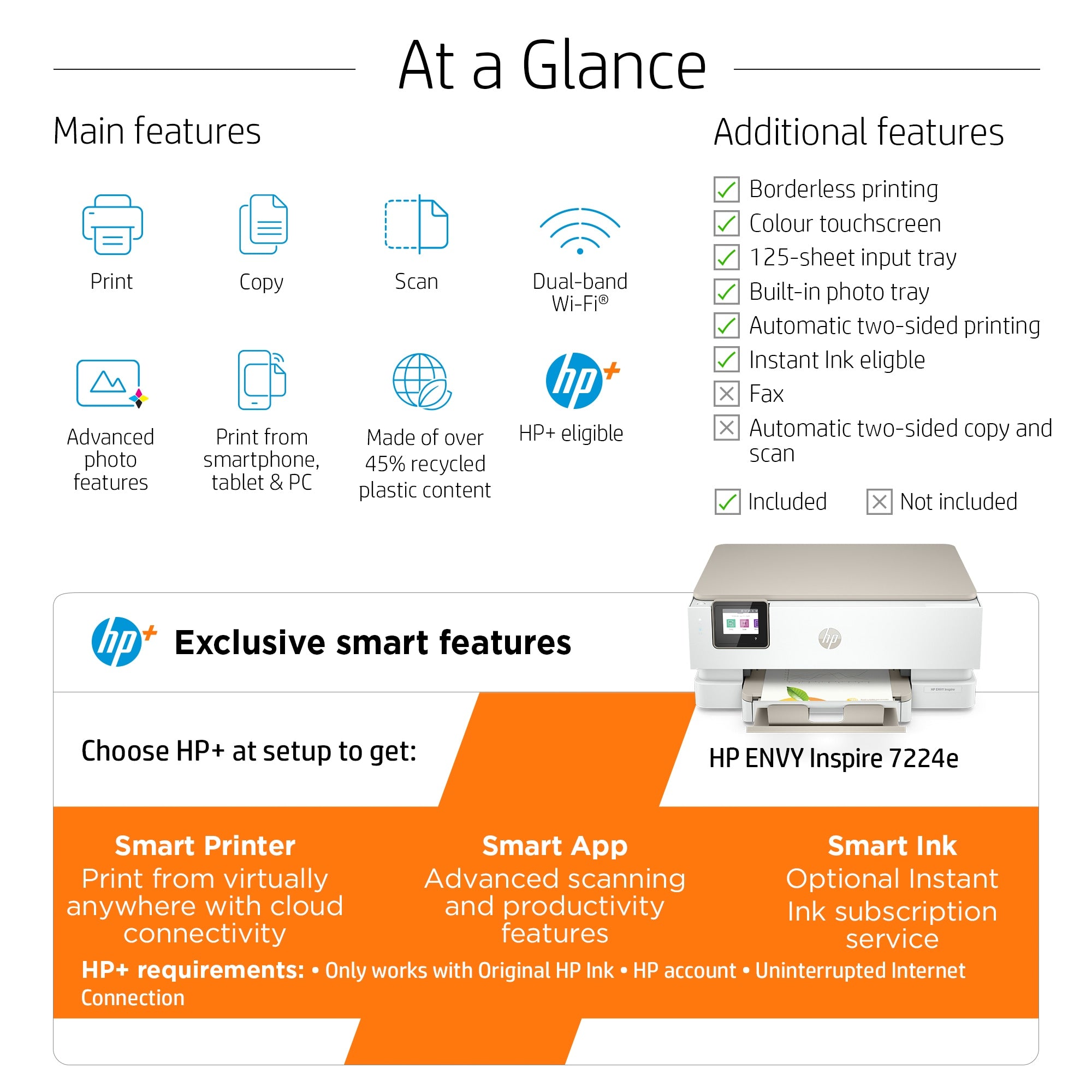HP ENVY Inspire 7224e Wireless All-in-One Farbe Drucker, Instant Ink; Kopierer, Scanner