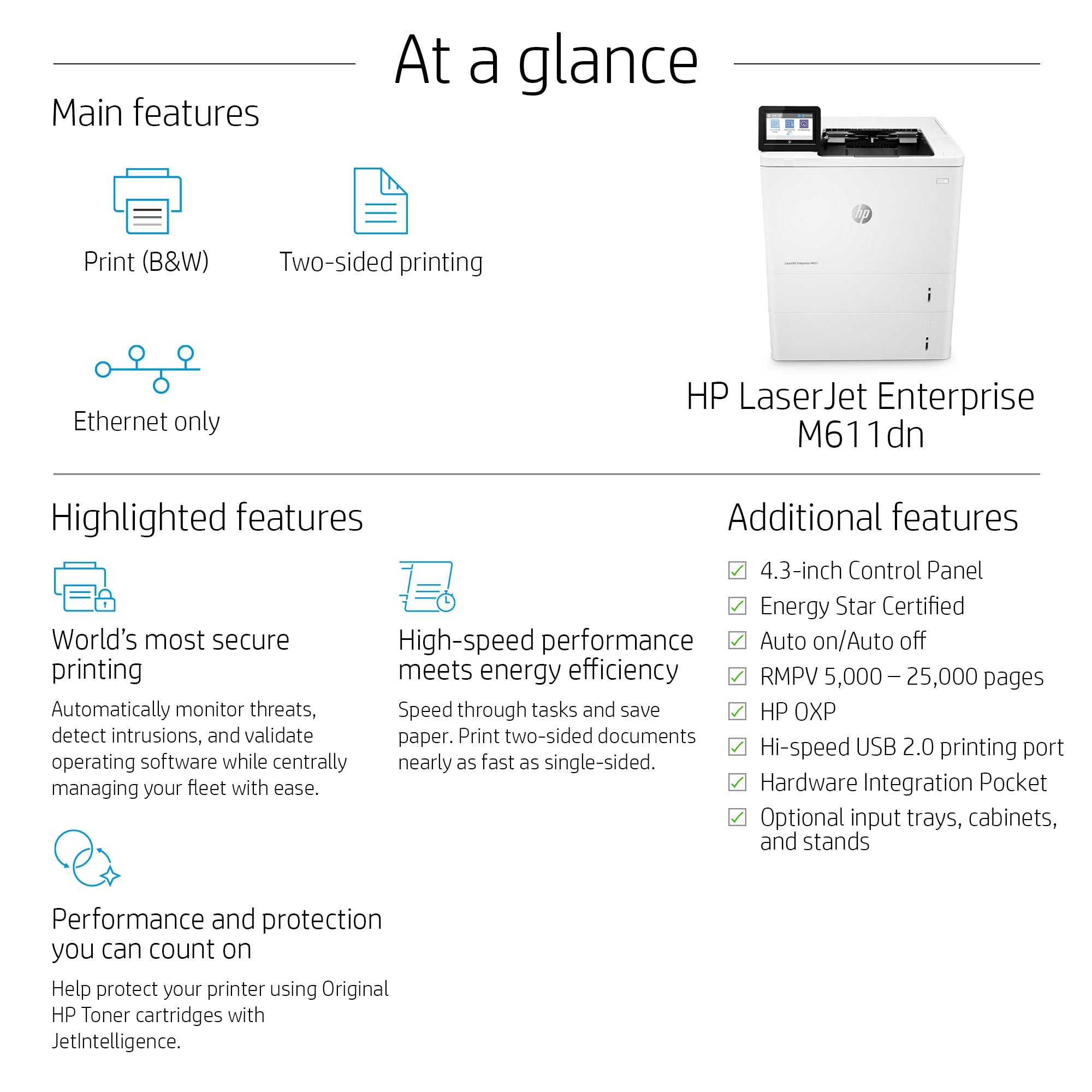 HP LaserJet Enterprise M611dn Schwarzweiß Drucker, Nur Ethernet; Duplex