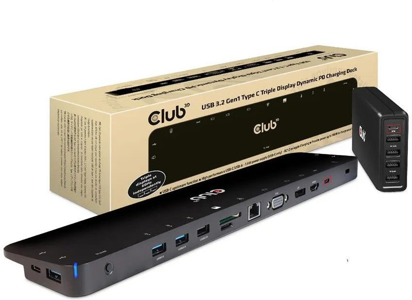 CLUB3D Club 3D USB Type-C Dockingstation – Verbind 3 Schermen & Laad Je Laptop Snel met 100W + Gratis charger inbegrepen